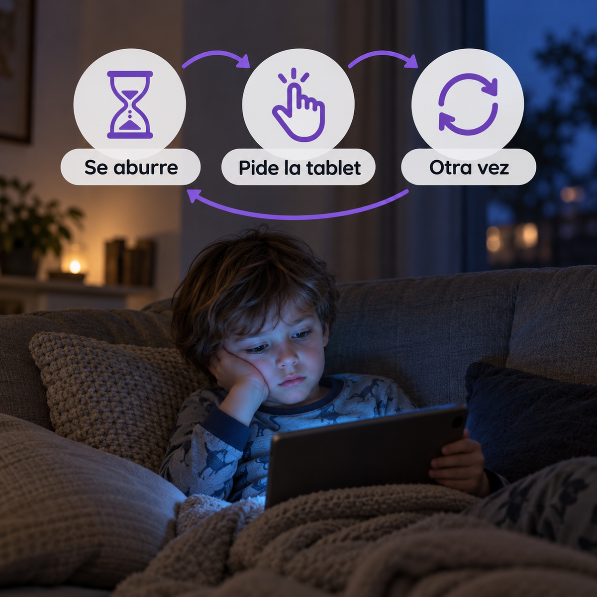 Niño aburrido con la tablet por la noche